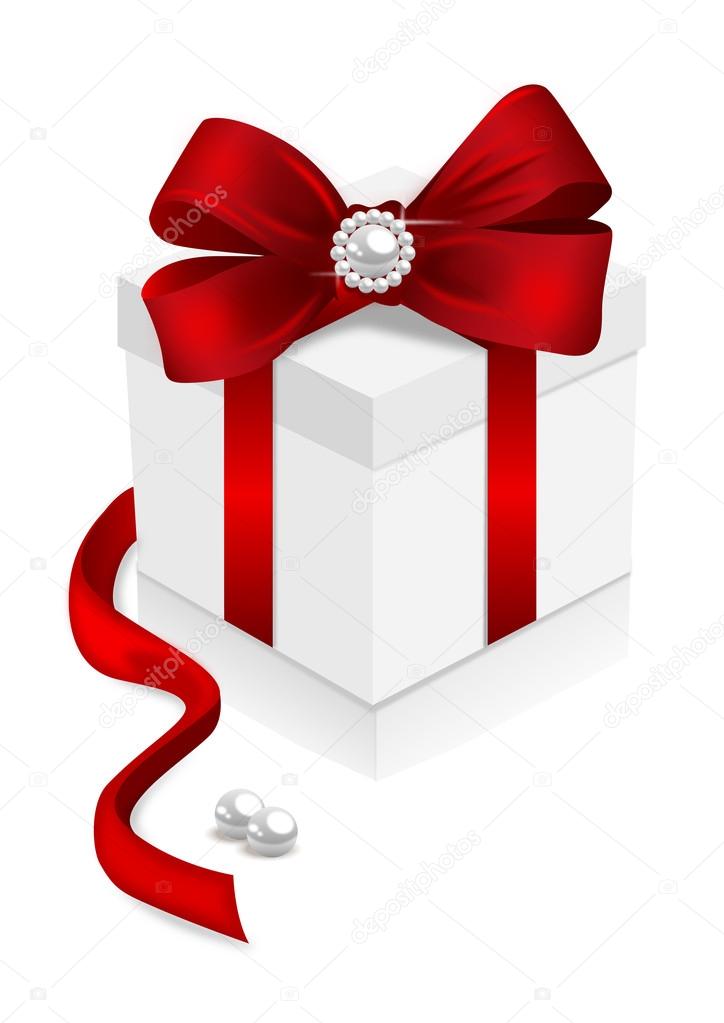 gift box with red bow and brooch on a white background