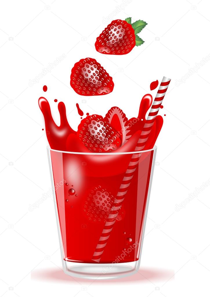 strawberry juice in a glass on white background