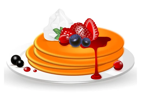 Pancakes with berries and whipped cream on a plate on white background — Stock Vector