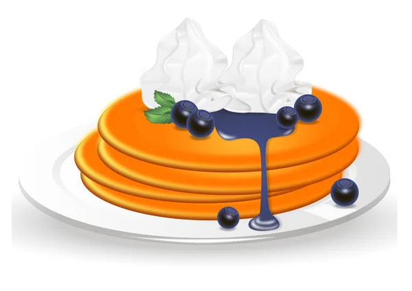 Tortitas con arándanos y crema batida en un plato sobre fondo blanco — Vector de stock