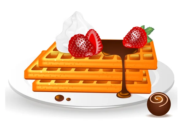 Waffles com morangos, chocolate e chantilly em um prato no fundo branco —  Vetores de Stock