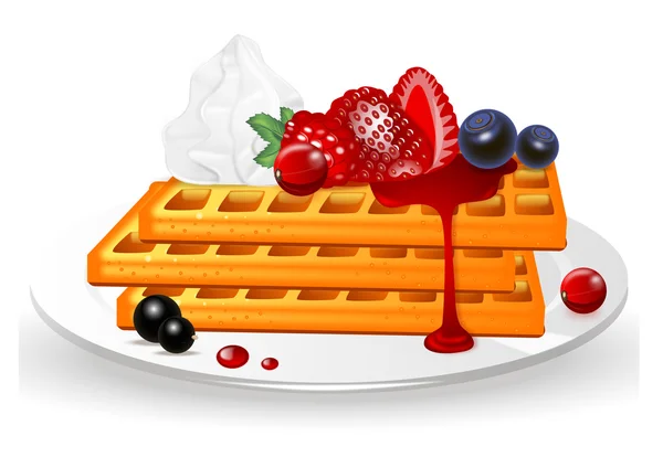 Waffles with berries, jam and whipped cream on a plate on white background — Stockvector