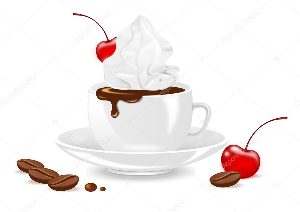 coffee with whipped cream and cherry on white background