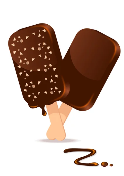 Cream in chocolate on a stick with nuts on white background — Stock Vector