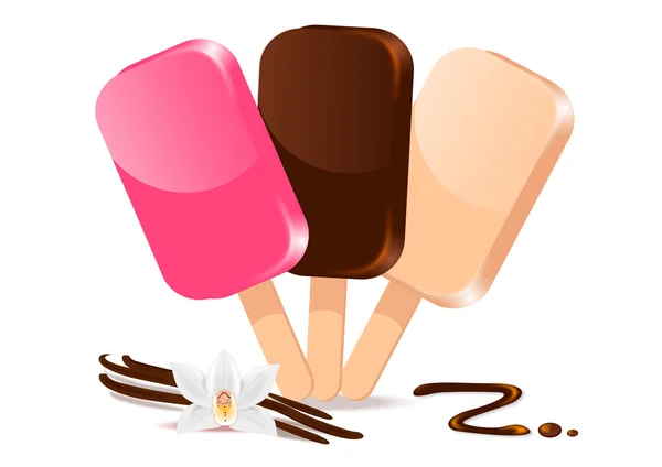 Fruit, chocolate and vanilla sundae on a stick on white background — Stockvector