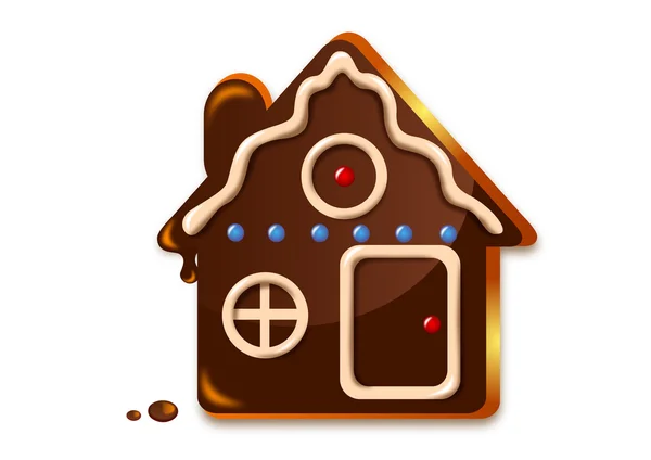 gingerbread house with chocolate and vanilla frosting on a white background