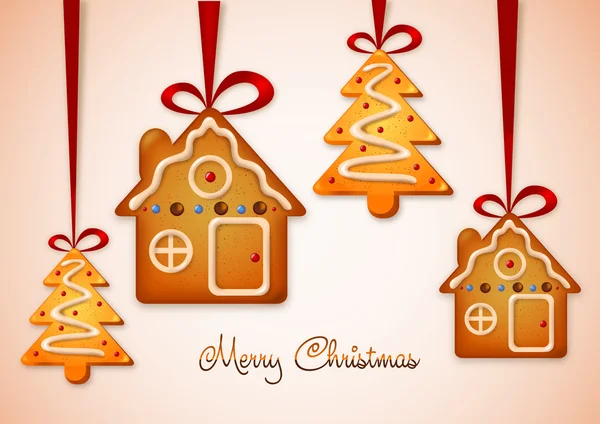 Biscuits au pain d'épice de Noël sur un ruban rouge avec arc — Image vectorielle