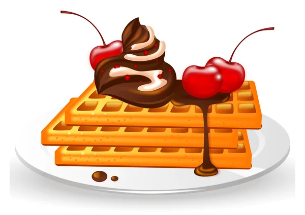 Waffles com creme de chocolate e cerejas na placa no fundo branco — Vetor de Stock