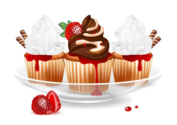 Strawberry cake on a plate on white background — Stock Vector