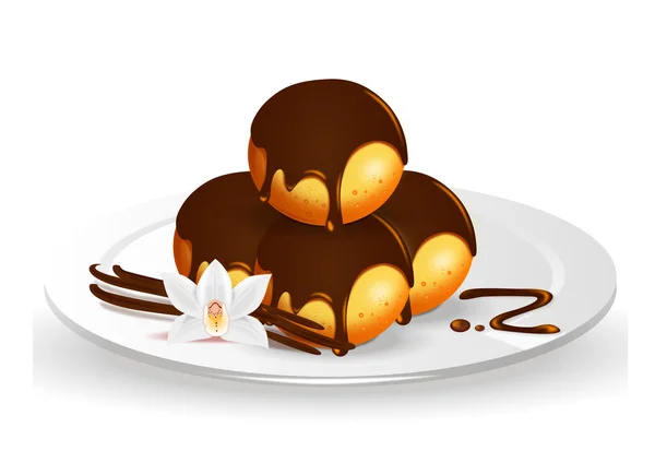 Vanille profiteroles avec glaçure chocolat sur l'assiette sur fond blanc — Image vectorielle