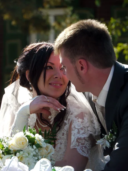 Wedding party. The bride and groom look at each other. — Stock Photo, Image