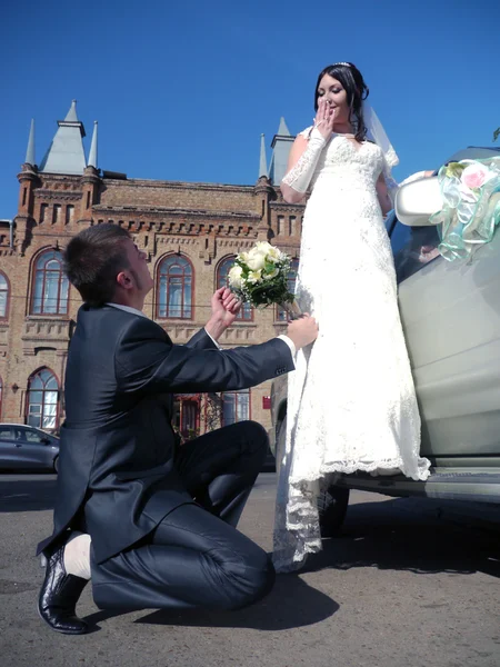 Wedding party. The bride and groom look at each other. — Stock Photo, Image