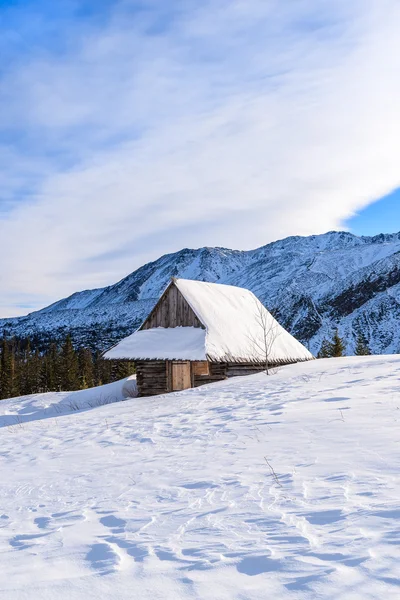 Cabaña de montaña de madera en el paisaje de invierno — Foto de Stock