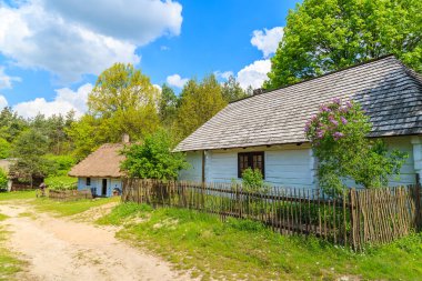 Güneşli bahar gününde Tokarnia köyünde saman çatılı eski geleneksel evler, Polonya