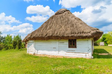 Güneşli bahar gününde Tokarnia köyünde saman çatılı eski geleneksel ev, Polonya