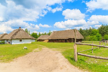 Tokarnia köyündeki kırsal yol güneşli bir bahar günü, Polonya
