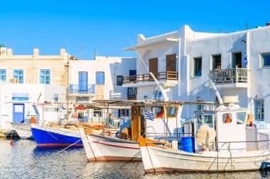 NAOUSSA TOWN, PAROS ISLAND - 17 Mayıs 2016: Yunanistan 'ın Paros adasındaki limanda Naoussa kasabasının beyaz evleri ve balıkçı tekneleri.