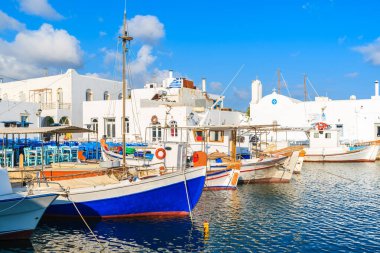 Yunanistan 'ın Paros adasındaki Naoussa limanında tipik Yunan balıkçı tekneleri