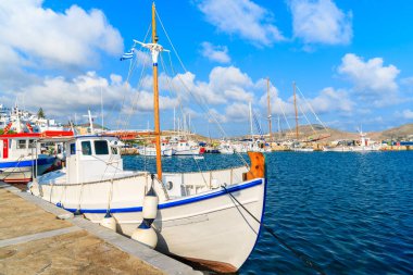 Naoussa limanındaki tipik beyaz balıkçı teknesi, Paros Adası, Yunanistan