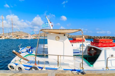 Naoussa limanındaki tipik beyaz balıkçı teknesi, Paros Adası, Yunanistan