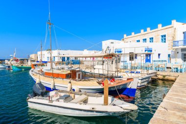 Yunanistan 'ın Paros adasındaki Naoussa limanında demirleyen balıkçı tekneleri