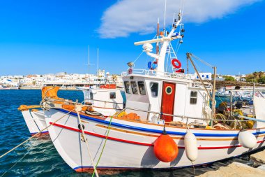 Yunanistan 'ın Paros adasındaki Naoussa limanında demirleyen tipik Yunan balıkçı teknesi