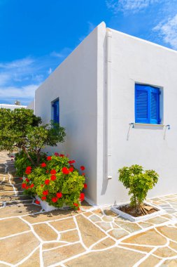 Yunanistan 'ın Paros adasındaki Santa Maria köyünde Yunan tarzı beyaz evleri olan tipik cadde