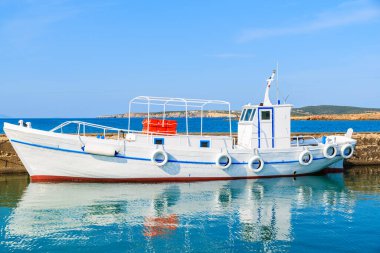 Geleneksel beyaz balıkçı teknesi ve onun sudaki yansıması, Yunanistan 'ın Paros adasındaki Naoussa limanı