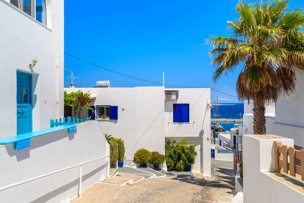 Yunanistan 'ın Paros adasındaki Naoussa kasabasında sokaktaki tipik beyaz boyalı evler