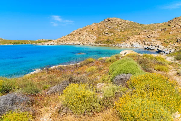 Turkuaz deniz suyuyla güzel bir Monastiri körfezi manzarası, Paros Adası, Yunanistan