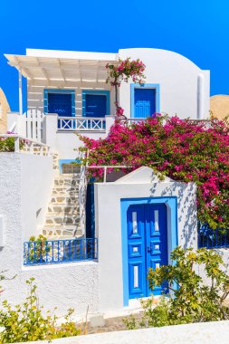 Yunanistan 'ın Santorini adasındaki Oia köyünde kırmızı çiçeklerle süslenmiş tipik beyaz ve mavi Yunan evi