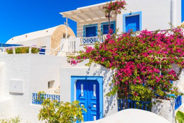Yunanistan 'ın Santorini adasındaki Oia köyünde kırmızı çiçeklerle süslenmiş tipik beyaz ve mavi Yunan evi