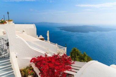 Yunanistan 'ın Santorini adasındaki Firostefani köyündeki bir evin terasındaki Caldera manzarası ve tipik kırmızı çiçekler