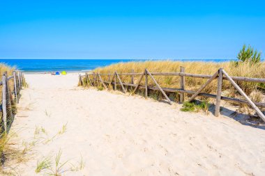 Polonya 'nın Lubiatowo köyü yakınlarındaki Baltık Denizi kıyısındaki kumlu plaja giden yol