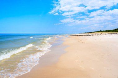 Beyaz kumsalda deniz dalgaları Debki Sahili, Baltık Denizi, Polonya