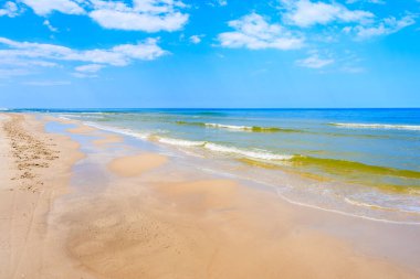 Beyaz kumsalda deniz dalgaları Debki Sahili, Baltık Denizi, Polonya