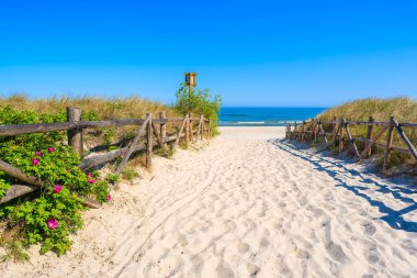 Lubiatowo kıyı köyü güzel kumlu plaja giriş, Baltık Denizi, Polonya