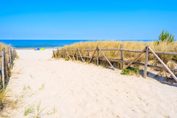 Polonya 'nın Lubiatowo köyü yakınlarındaki Baltık Denizi kıyısındaki kumlu plaja giden yol