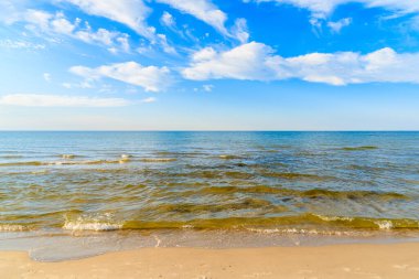 Kumlu sahilde deniz dalgaları ve mavi gökyüzünde beyaz güneşli bulutlar Baltık Denizi, Polonya 'da Debki köyünde