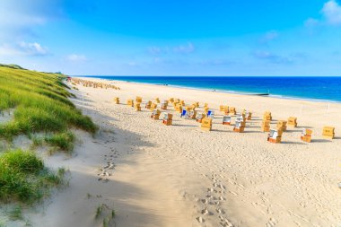 Kum tepeciğindeki çimenler ve Wenningstedt sahilindeki hasır sandalyeler, Sylt Adası, Almanya