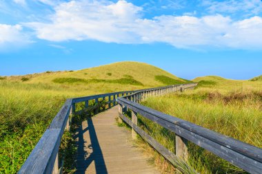 Kum tepeciğinden Almanya 'nın Sylt Adası' ndaki Westerland köyü yakınlarındaki güzel plaja tahta köprü.