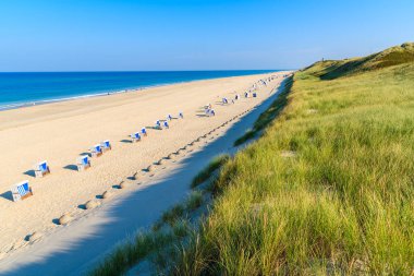 Kum tepeciğindeki çimenler ve güzel sahildeki hasır sandalyeler, Sylt Adası, Almanya