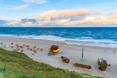 Wenningstedt plajı, güneş doğarken, Kuzey Denizi, Sylt Adası, Almanya