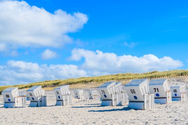 Kampen Köyü, Sylt Adası, Almanya 'daki beyaz kumsalda plaj sandalyeleri