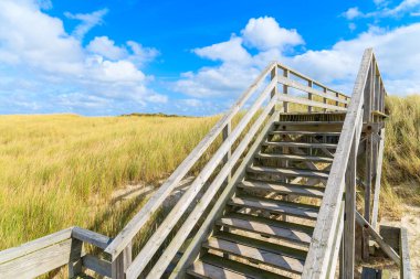 Almanya 'nın Sylt Adası' ndaki Liste Köyü 'nde sahile giden kum tepeciklerindeki adımlar.