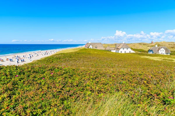Kampen sahilindeki uçurumlarda saman çatıları olan tipik Frizya evleri, Sylt Adası, Almanya