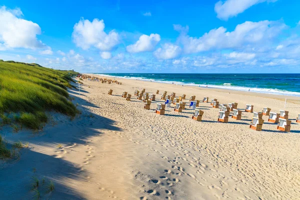 Wenningstedt kasabasındaki kumlu plajda sandalyeler, Sylt Adası, Almanya