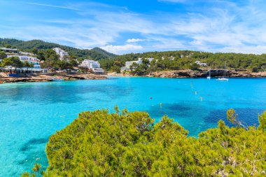 Kayalıklarda yeşil çam ağacı manzaralı güzel Cala Portinatx koyunda kıyıda oteller, İbiza adası, İspanya