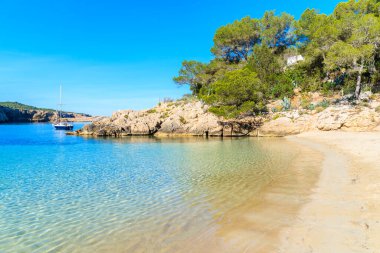 Cala Salada 'daki güzel sahil manzarası masmavi berrak deniz suyuyla ünlü, İbiza adası, İspanya