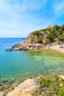 Zümrüt yeşili deniz suyuyla güzel Cala Carbo Koyu manzarası, İbiza Adası, İspanya